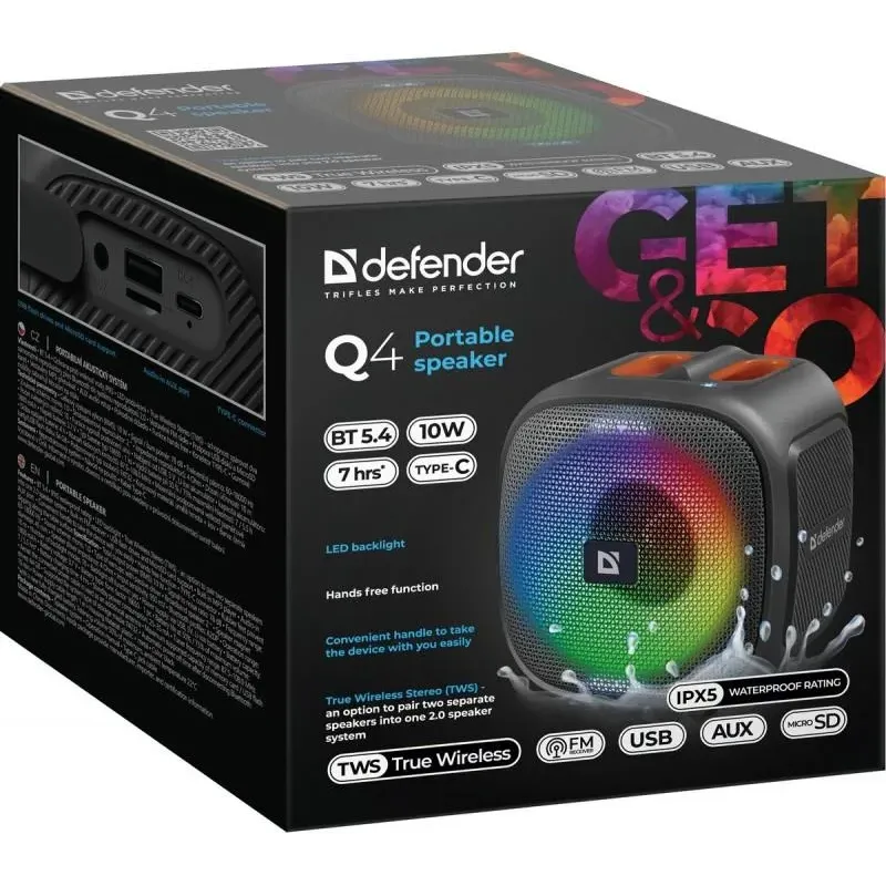 Głośnik Defender Q4 Bluetooth 10W BT/FM/TF/USB/AUX/TWS/LED/IPX5