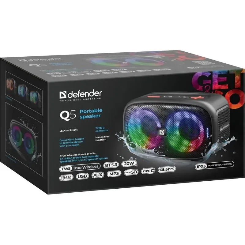 Głośnik Defender Q5 Bluetooth 20W BT/FM/TF/USB/AUX/TWS/LED/IPX5