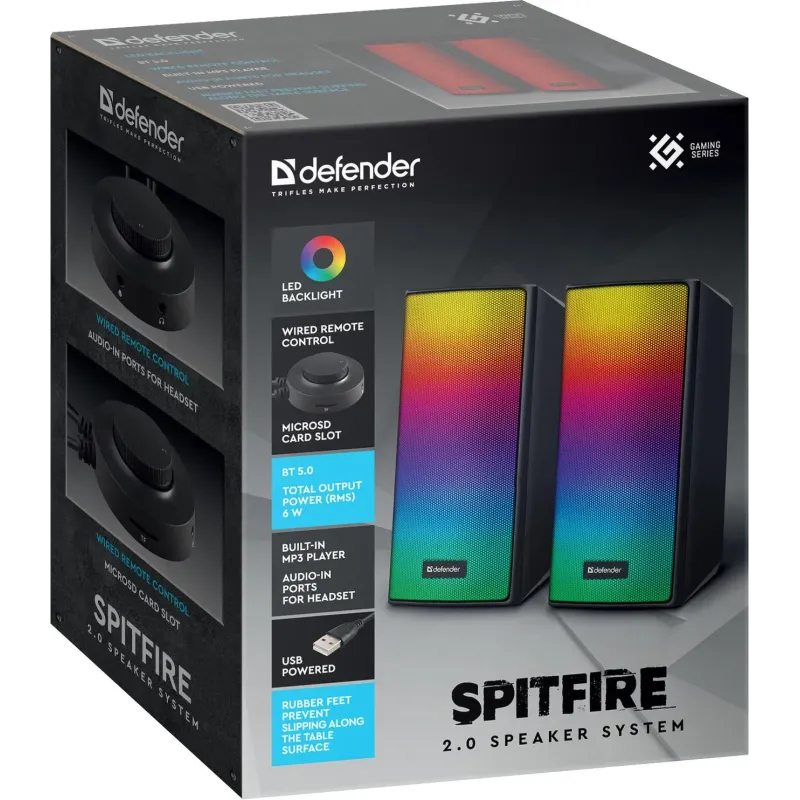 Głośniki Defender SPITFIRE 2.0 6W Bluetooth USB podświetlenie RGB MP3