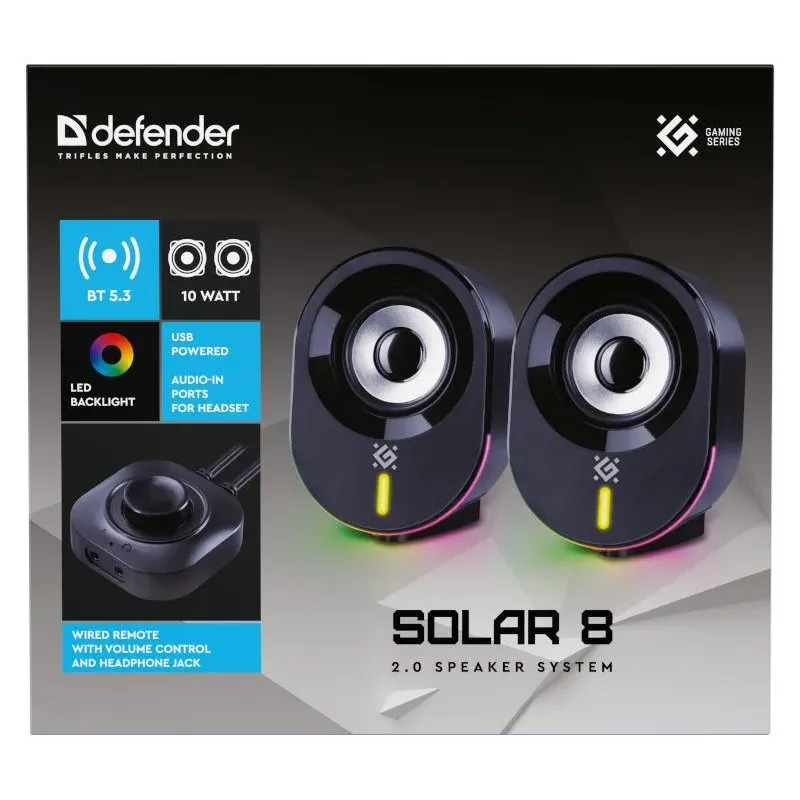 Głośniki Defender SOLAR 8 2.0 10W Bluetooth USB podświetlenie RGB