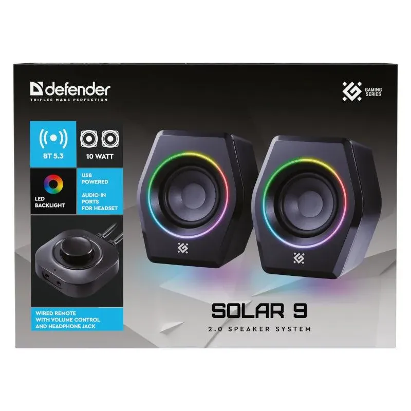 Głośniki Defender SOLAR 9 2.0 10W Bluetooth USB podświetlenie RGB