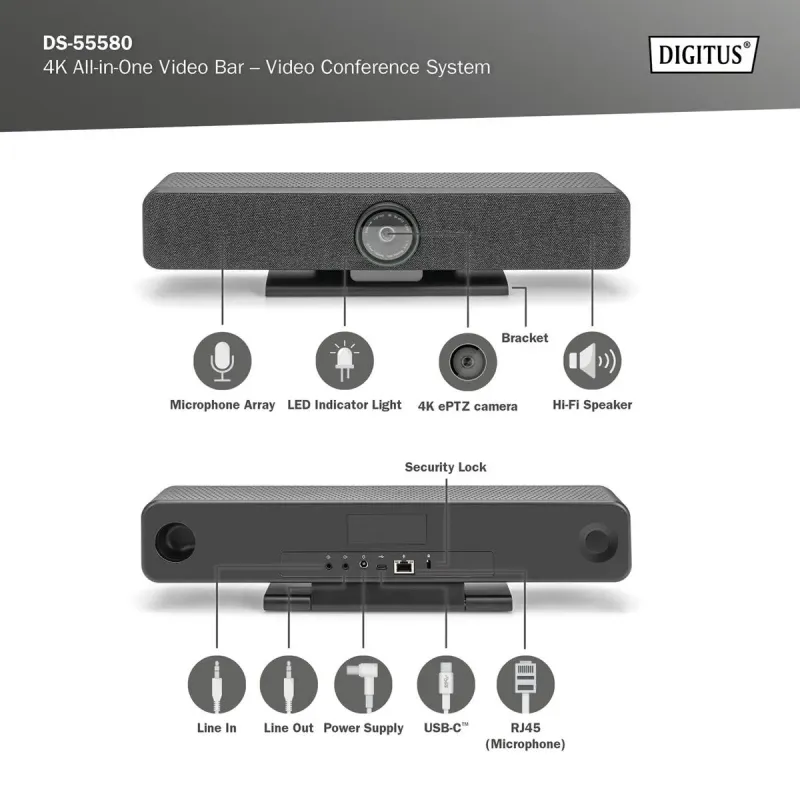 System wideokonferencji DIGITUS 4K ePTZ szeroki kąt 120° Sensor 2.8” 8MP