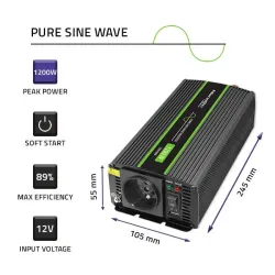 Przetwornica napięcia Qoltec Monolith | 600W | 1200W | 12V na 230V | Czysty