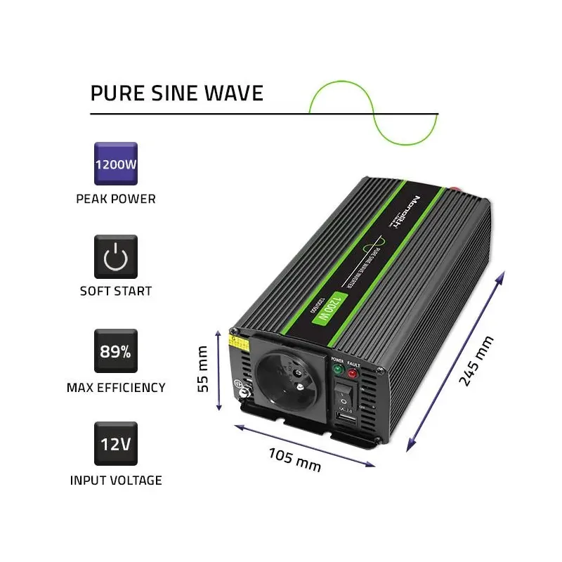 Przetwornica napięcia Qoltec Monolith | 600W | 1200W | 12V na 230V | Czysty