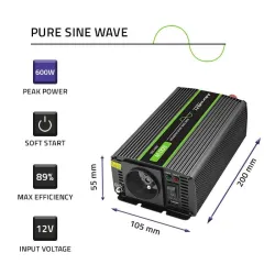 Przetwornica napięcia Qoltec Monolith | 300W | 600W | 12V na 230V | Czysty