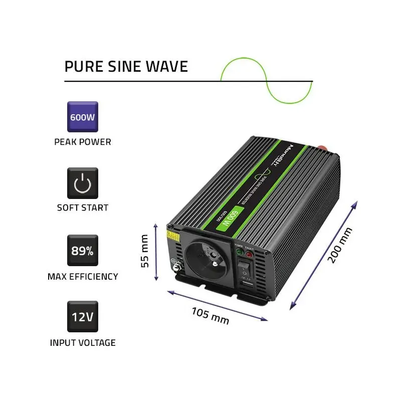 Przetwornica napięcia Qoltec Monolith | 300W | 600W | 12V na 230V | Czysty