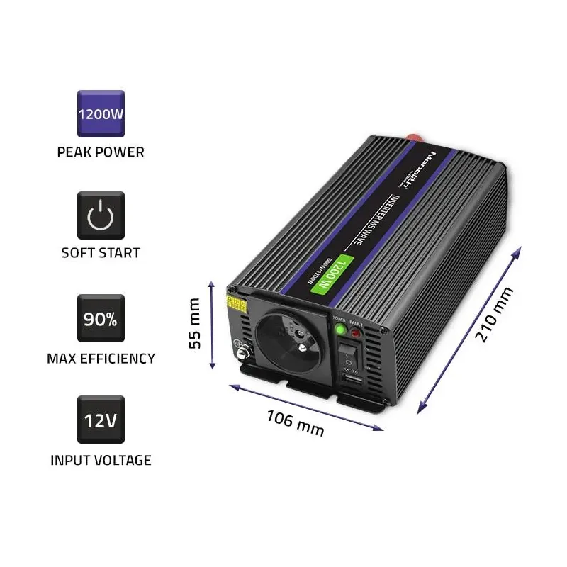 Przetwornica napięcia Qoltec Monolith 1200 MS Wave | 12V na 230V |