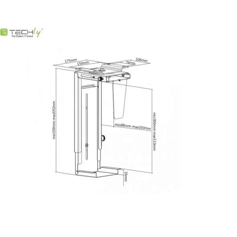 Uchwyt Techly na obudowę PC podblatowy/ścienny, regulowany, czarny