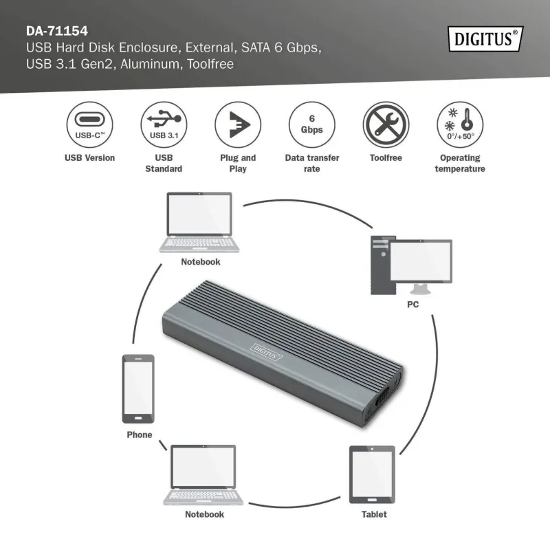Obudowa DIGITUS USB 3.1 Typ C na dysk SSD M.2 SATA 6Gbps aluminiowa,