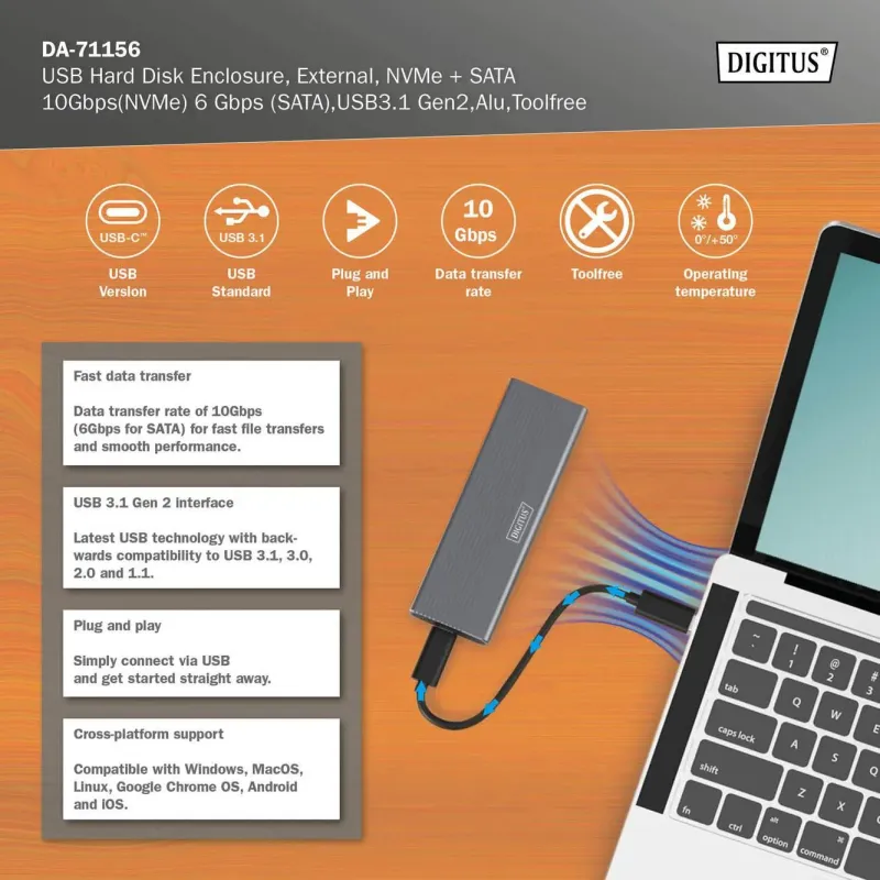 Obudowa DIGITUS USB 3.1 Typ C na dysk SSD M.2 NVMe 10Gbps + SATA 6Gbps