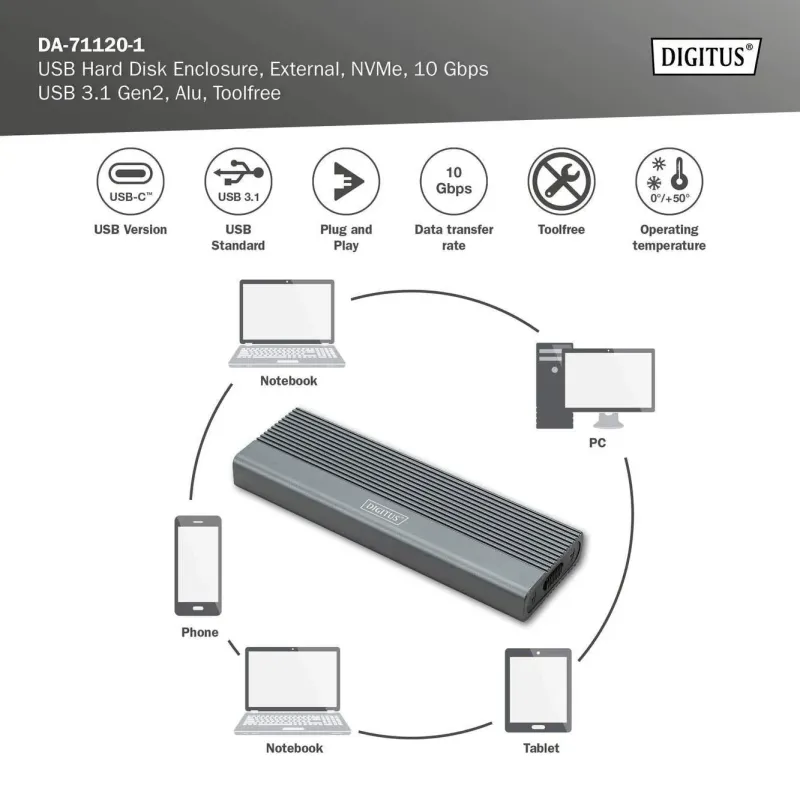 Obudowa DIGITUS USB 3.1 Typ C na dysk SSD M.2 NVMe 10Gbps aluminiowa,