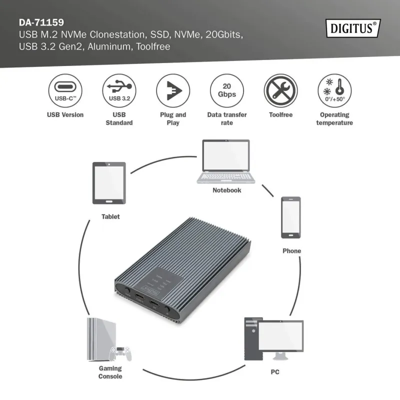 Obudowa/Stacja klonująca DIGITUS USB 3.1 Typ C na dyski SSD M.2 NVMe 20Gbps