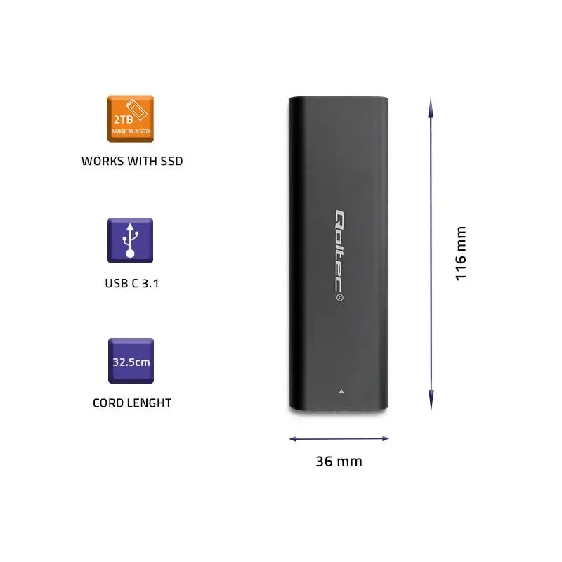 Obudowa/kieszeń Qoltec do dysków M.2 SSD | NVME | PCI-E | USB typ C