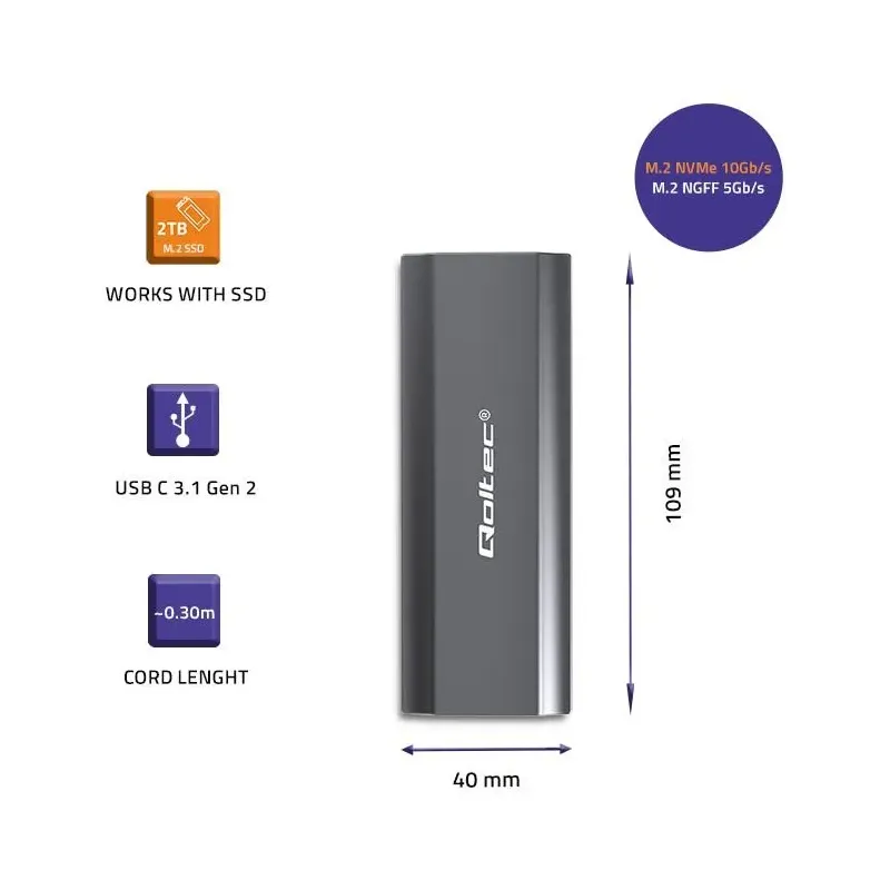 Obudowa/kieszeń Qoltec NV2271 na dysk M.2 SSD | SATA | NVMe | USB-C | 2TB
