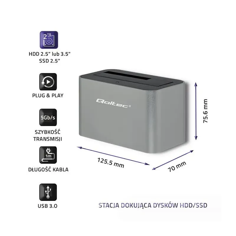 Stacja dokująca Qoltec dysków HDD/SSD | 2.5" / 3.5" SATA | USB 3.0
