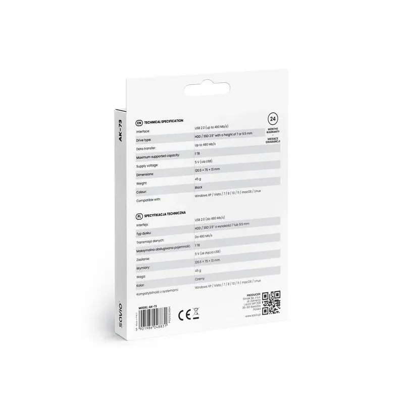 Obudowa na dysk zewnętrzny Savio AK-73 HDD/SDD 2,5' USB 2.0