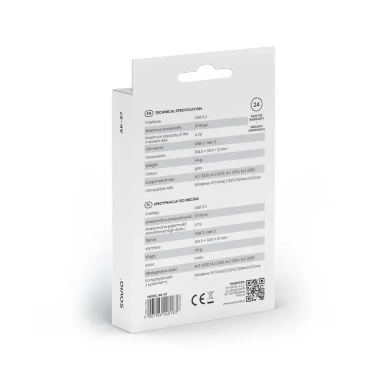 Obudowa na dysk M.2 SDD NVMe SAVIO AK-67, USB 3.1 Gen.2, 10 Gbps, szara