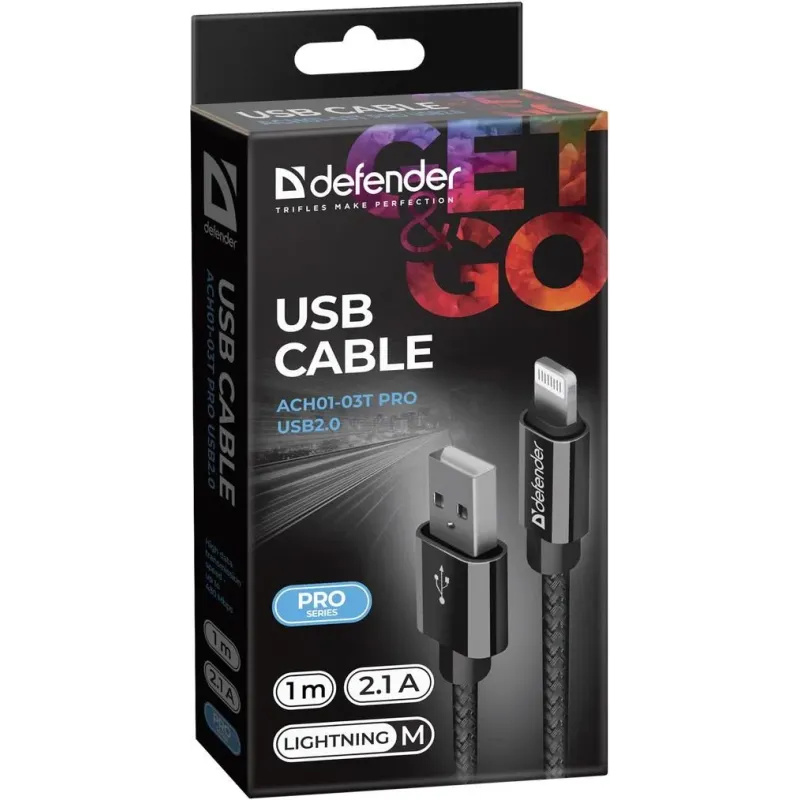Kabel USB Defender USB-LIGHTNING 1m 2,1A czarny | PartsPC.pl