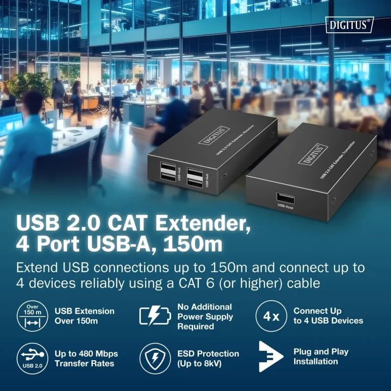Przedłużacz/Extender DIGITUS USB 2.0 po skrętce kat.6 do 150m, 4x USB-A do