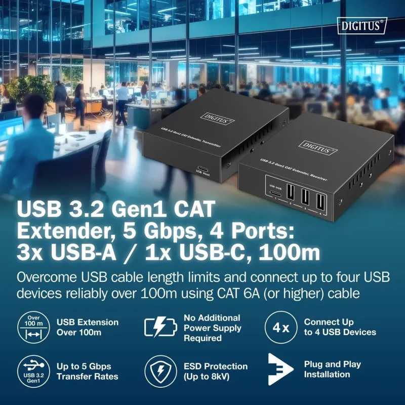 Przedłużacz/Extender DIGITUS USB 3.1 Gen1 po skrętce kat.6A do 100m, 3x