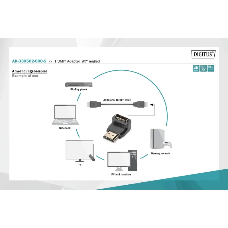Adapter DIGITUS HDMI 2.0 HighSpeed z Ethernetem Typ HDMI A kątowy/HDMI A