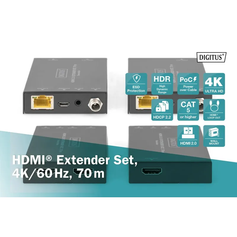 Przedłużacz/Extender DIGITUS HDMI 70m po skrętce Cat.5e/6/7 4K 60Hz PoC