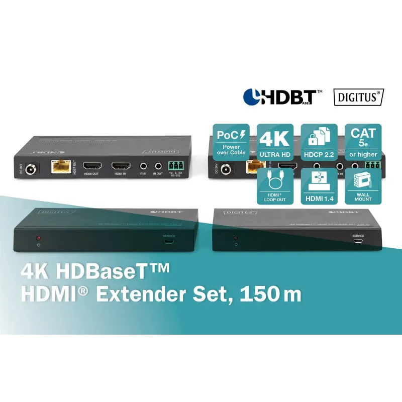 Przedłużacz/Extender DIGITUS HDMI HDBaseT 150m po Cat.5e/6/7 4K 60Hz PoC