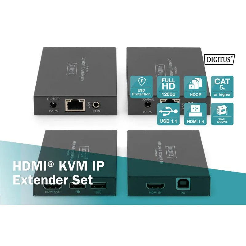 Przedłużacz/Extender DIGITUS KVM HDMI+USB 150m po Cat.5e UTP/IP 1080p FHD