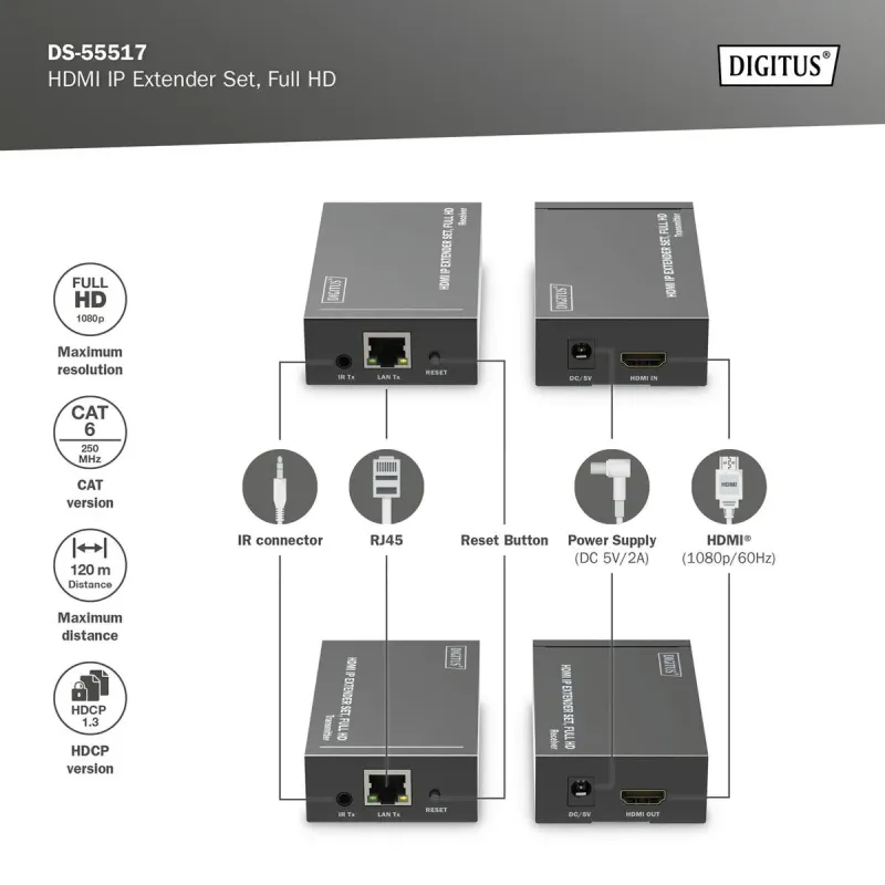 Przedłużacz/Extender DIGITUS HDMI 1080p 60Hz 120m po skrętce kat.6 HDCP 1.3