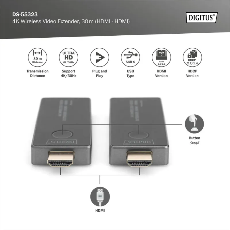 Przedłużacz/Extender DIGITUS HDMI bezprzewodowy 30m UHD 4K30Hz audio