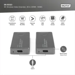 Przedłużacz/Extender DIGITUS HDMI bezprzewodowy 30m UHD 4K30Hz audio