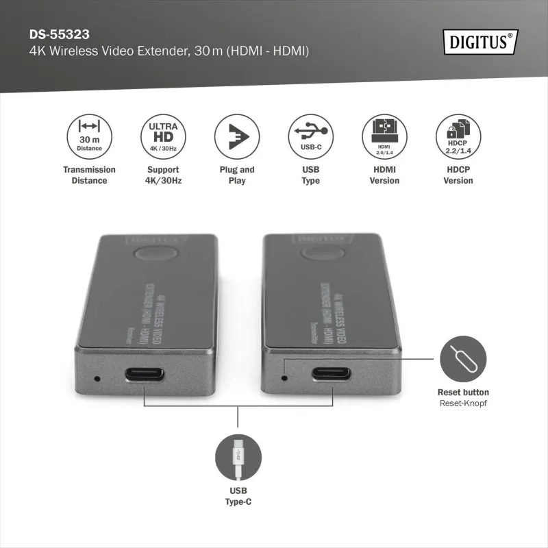 Przedłużacz/Extender DIGITUS HDMI bezprzewodowy 30m UHD 4K30Hz audio