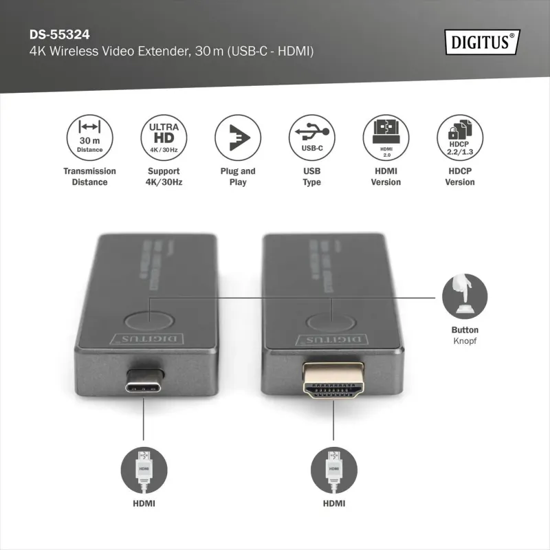 Przedłużacz/Extender DIGITUS USB-C - HDMI bezprzewodowy 30m UHD 4K30Hz