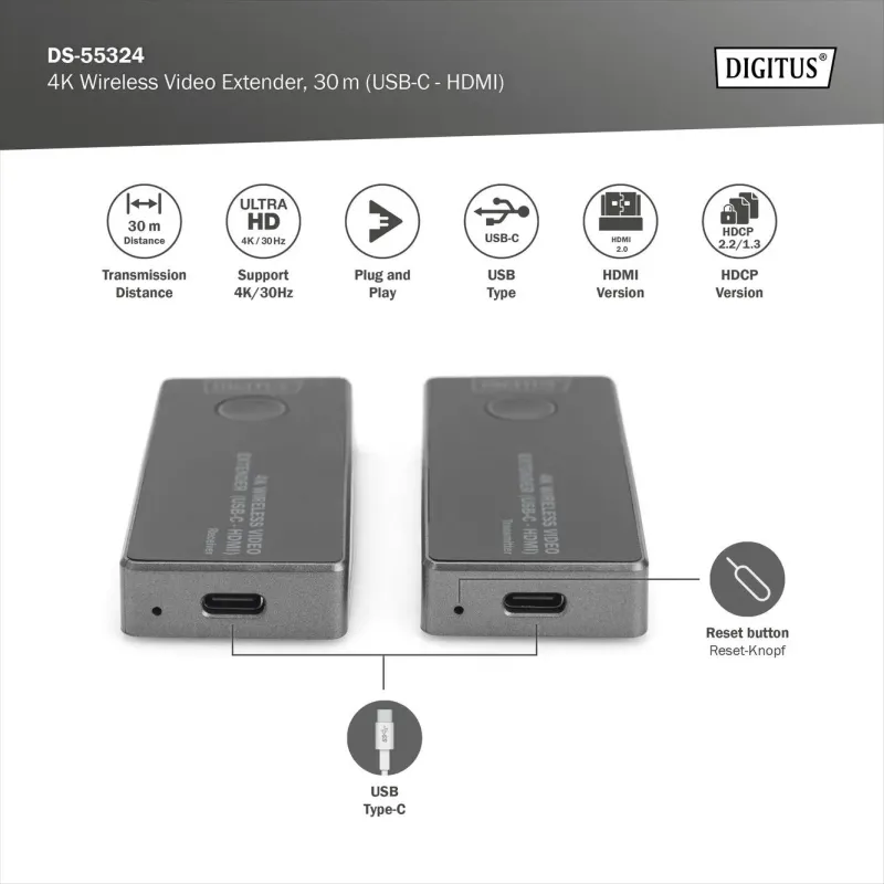Przedłużacz/Extender DIGITUS USB-C - HDMI bezprzewodowy 30m UHD 4K30Hz