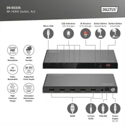 Przełącznik/Switch DIGITUS HDMI 4x1, 8K/60Hz (4:4:4) z HDR, 48 Gbps, HDCP