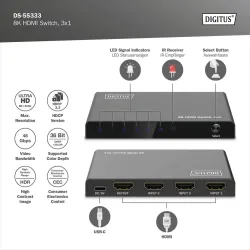 Przełącznik/Switch DIGITUS HDMI 3x1, 8K/60Hz (4:4:4) z HDR, 48 Gbps, HDCP