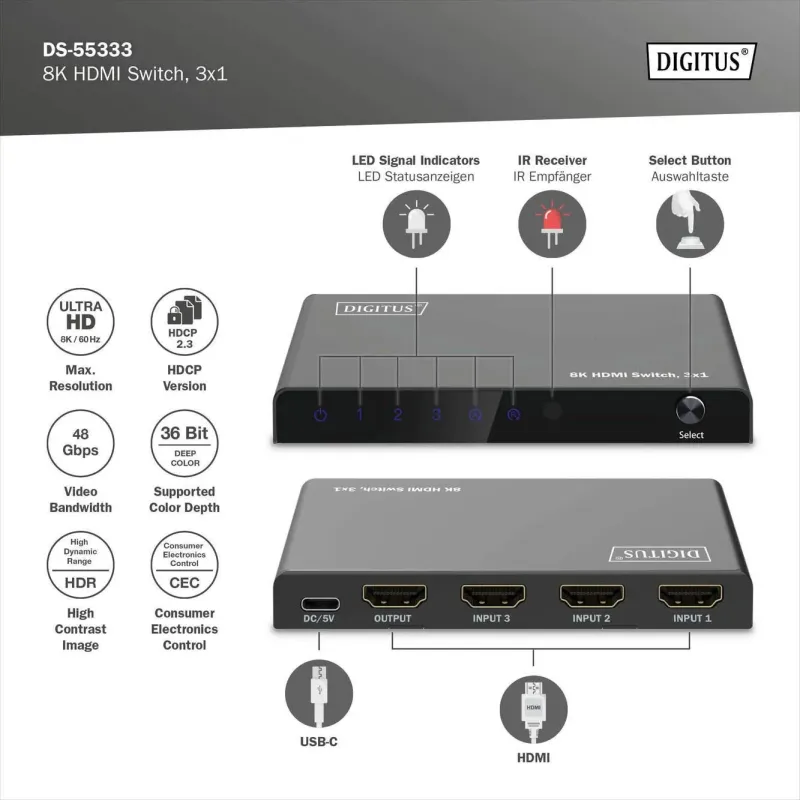 Przełącznik/Switch DIGITUS HDMI 3x1, 8K/60Hz (4:4:4) z HDR, 48 Gbps, HDCP