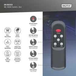 Przełącznik/Switch DIGITUS HDMI 3x1, 8K/60Hz (4:4:4) z HDR, 48 Gbps, HDCP