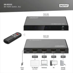 Przełącznik/Switch DIGITUS HDMI 3x1, 8K/60Hz (4:4:4) z HDR, 48 Gbps, HDCP