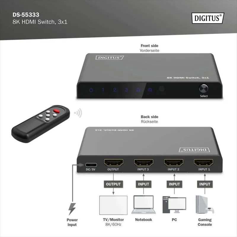 Przełącznik/Switch DIGITUS HDMI 3x1, 8K/60Hz (4:4:4) z HDR, 48 Gbps, HDCP