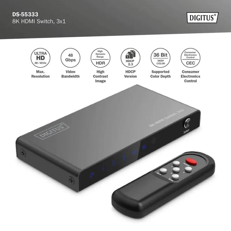 Przełącznik/Switch DIGITUS HDMI 3x1, 8K/60Hz (4:4:4) z HDR, 48 Gbps, HDCP