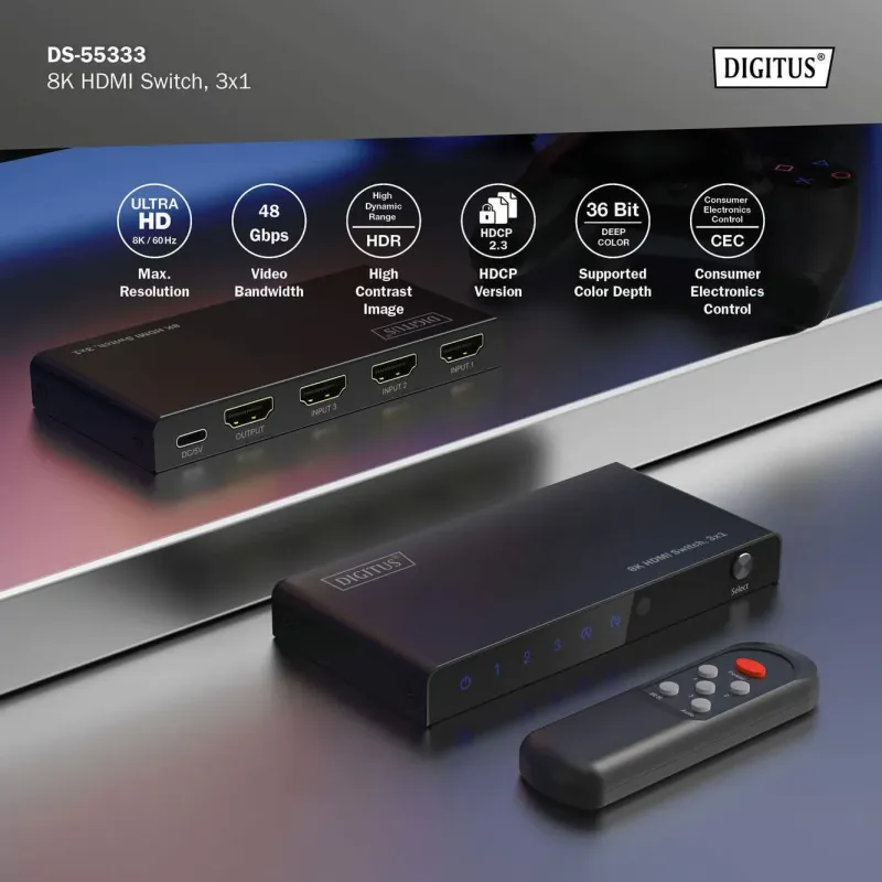 Przełącznik/Switch DIGITUS HDMI 3x1, 8K/60Hz (4:4:4) z HDR, 48 Gbps, HDCP