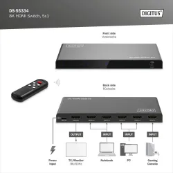 Przełącznik/Switch DIGITUS HDMI 5x1, 8K/60Hz (4:4:4) z HDR, 48 Gbps, HDCP