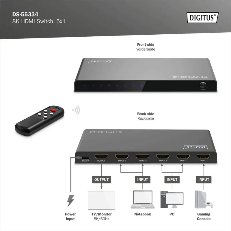 Przełącznik/Switch DIGITUS HDMI 5x1, 8K/60Hz (4:4:4) z HDR, 48 Gbps, HDCP