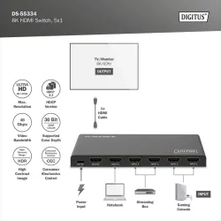 Przełącznik/Switch DIGITUS HDMI 5x1, 8K/60Hz (4:4:4) z HDR, 48 Gbps, HDCP