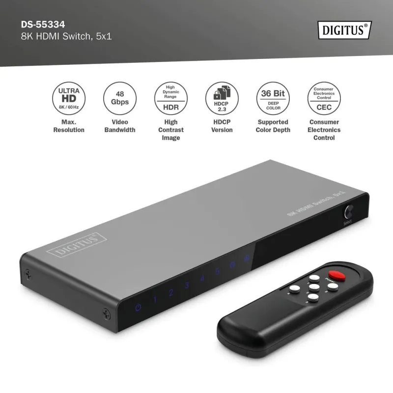 Przełącznik/Switch DIGITUS HDMI 5x1, 8K/60Hz (4:4:4) z HDR, 48 Gbps, HDCP