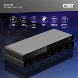 Przełącznik/Switch DIGITUS HDMI 5x1, 8K/60Hz (4:4:4) z HDR, 48 Gbps, HDCP