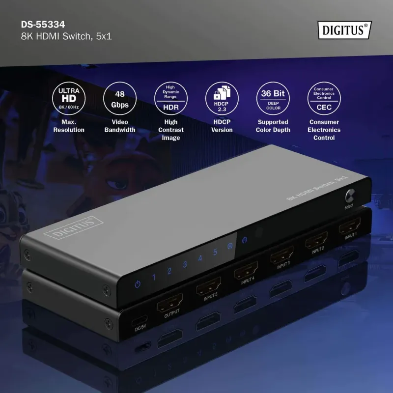 Przełącznik/Switch DIGITUS HDMI 5x1, 8K/60Hz (4:4:4) z HDR, 48 Gbps, HDCP