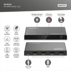 Przełącznik/Switch DIGITUS HDMI 3x1, 4K/60Hz UHD z HDR, 18 Gbps, HDCP 2.2