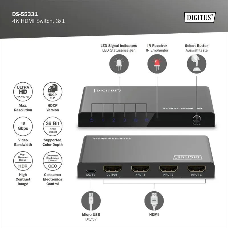 Przełącznik/Switch DIGITUS HDMI 3x1, 4K/60Hz UHD z HDR, 18 Gbps, HDCP 2.2